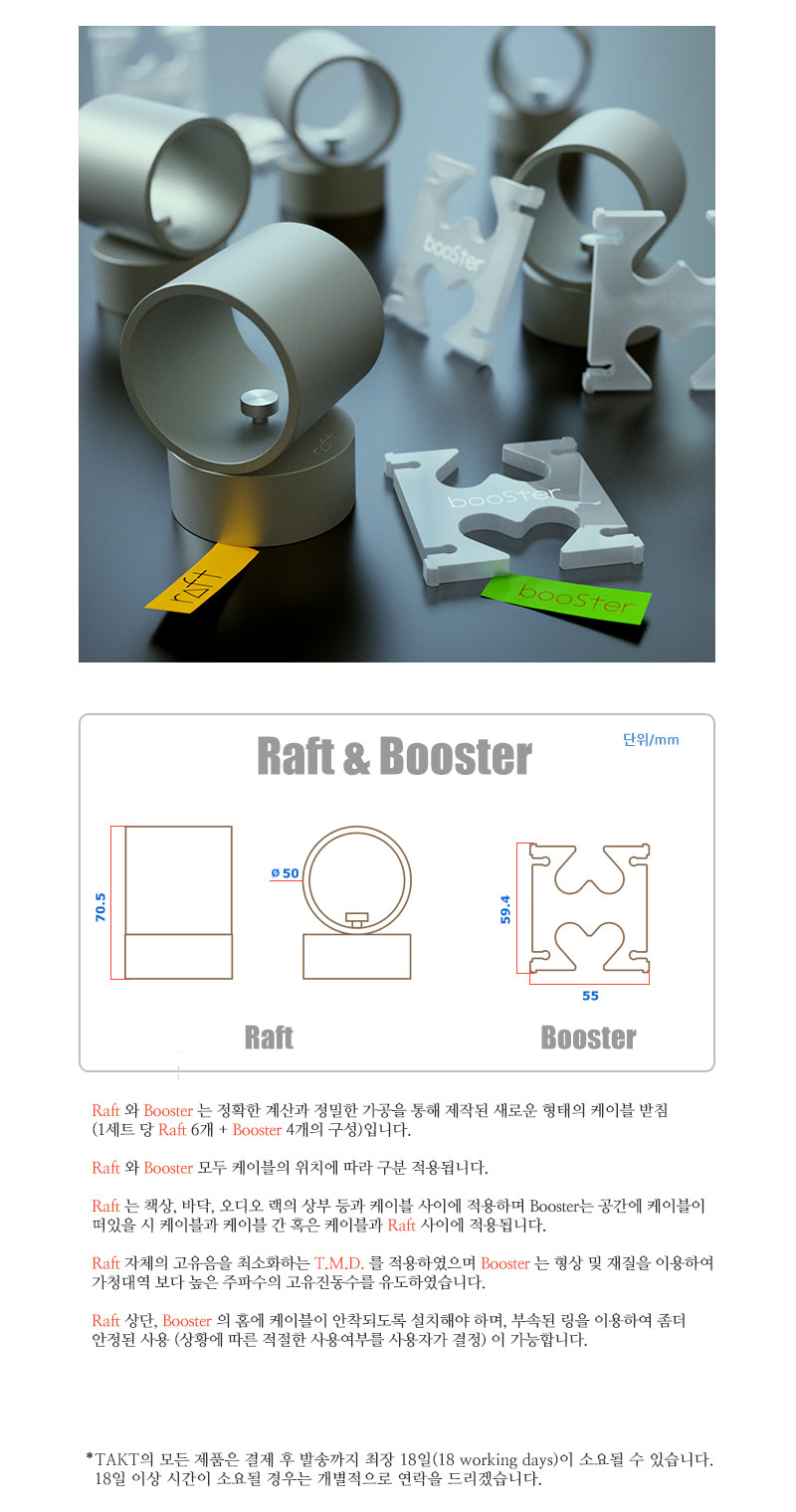 Raft와 Booster는 정확한 계산과 정밀한 가공을 통해 제작된 새로운 형태의 케이블 받침입니다. 1세트당 Raft 6개 + Booster 4개의 구성입니다. Raft는 책상, 시청실바닥, 오디오 랙의 상부등과 케이블 사이에 적용하며 Booster는 공간에 케이블이 떠 있는 경우 케이블과 케이블 사이 혹은 케이블과 Raft 사이에 적용됩니다. Raft자체의 고유음을 최소화하는 T.M.D.를 적용하였으며 Booster는 형상 및 재질을 이용하여 가청대역보다 높은 주파수의 고유진동수를 유도하였습니다. Raft 상단, Booster의 홈에 케이블이 안착되도록 설치해야 하며, 부속된 링을 이용하여 좀 더 안정된 사용이 가능합니다. Raft는 원통 2개가 붙은 형태의 은색 금속제로 높이 70.5밀리미터, 지름 50밀리미터이고 Booster는 반투명 흰색 아크릴제로 가로 55밀리미터, 높이 59.4밀리미터입니다. TAKT의 모든 제품은 결제 후 배송까지 최장 18영업일(18 working days)이 소요될 수 있습니다. 18영업일 이상의 시간이 소요되는 경우 연락을 드리겠습니다.